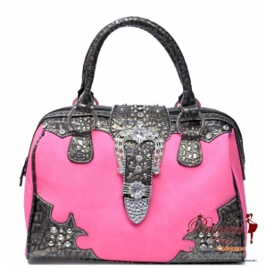 Western Designer Inspired Hand Bag w/ Rhinestone and Stud Decor and a Flip-Over Buckle Closure